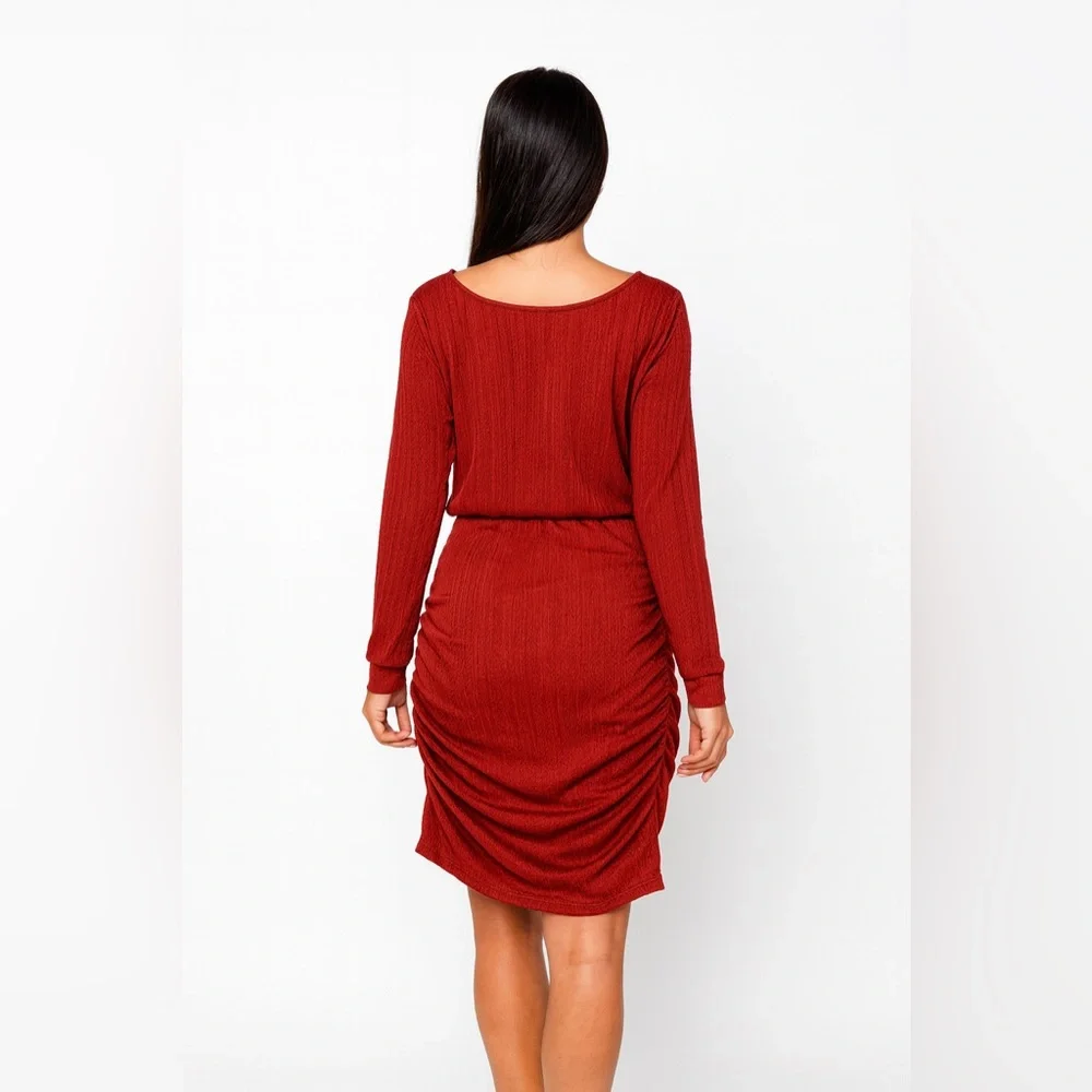 LI&QI Red Ruched Long Sleeve Bodycon Dress – Size L - Picture 3 of 15